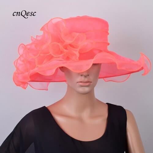 Wholesale NEW 11 colours Coral pink Wide brim Crystal organza hat church hat for kentucky derby weddding races.FREE SHIPPING