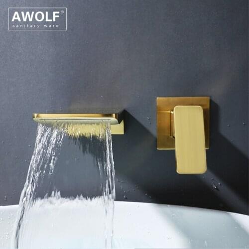 Bathroom Basin Faucet Wall Mounted Brushed Gold Waterfall Bathtub Mixer Tap 2 Pcs Solid Brass Hot Cold Faucet ML8063