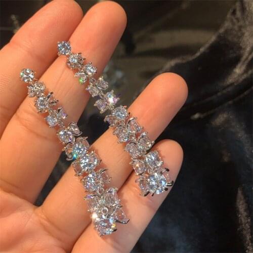 Super Flash Zircon Earrings Dinner Wedding Bridal Tassel Crystal For Women Silver Color Flowers Jewelry Heart Party Banquet Gift