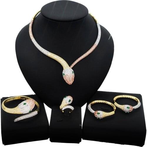 Yulaili Snake Shape Full Cubic Zirconia Choker Necklace Stud Earrings Bangle Ring For Women High Quality Jewelry Sets Wholesale