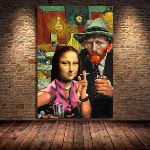 Funny Wall Art Mona Lisa and Van Gogh Smoking Canvas Paintings Posters and Prints Da Vinci Famous Print for Living Room Unframed