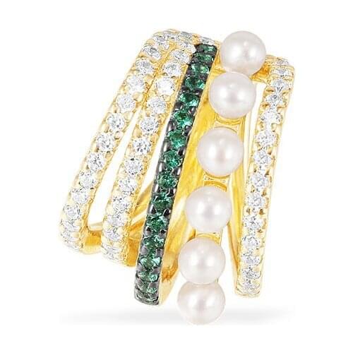 Women 925 Sterling Silver Yellow Gold Color Mono White & Green Five Hoop Circle Ear Bone Clip with Pearl No Pierced Cuff Earring
