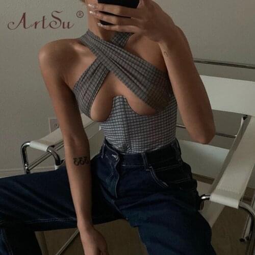 ArtSu Fashion Plaid Cross Halter Sexy Cut-Out Crop Tops Women Sexy Backless Cropped Feminino Top Summer 2021 Streetwear
