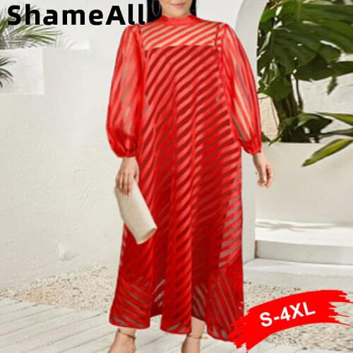 Plus Size Red Striped See Through Mesh Party night Club Dress 4XL Summer French Elegant Birthday Robe Loose Long Maxi Dresses