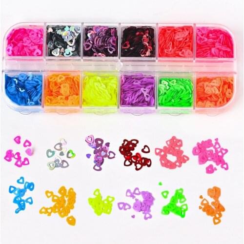 1Box Hollow Heart Nail Art Glitter 12Colors In Girds Neon Love Shape Valentines Day Nail Glitter Sequins 3D Nail Art Flakes