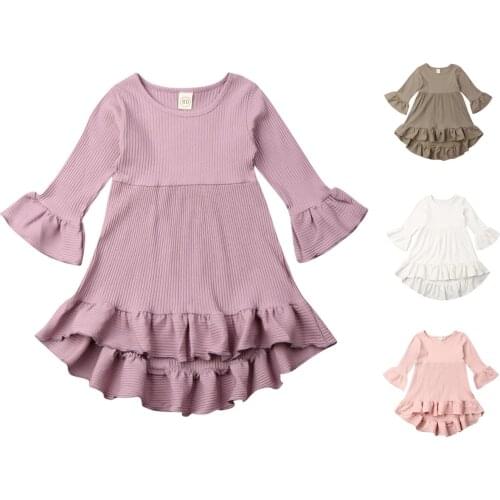 2020 New Fall Autumn 6M-4Y Kid Baby Girl Ruffled Asymmetrical Flared Long Sleeve Dress Solid Color Princess Outfit 4 Colors
