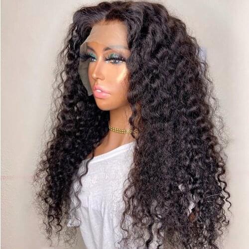 26Inch 180%Density Black Long Kinky Curly Synthetic Lace Front Wig For Women With Baby Hair Daily Wear Fiber Hair Glueless Wigs