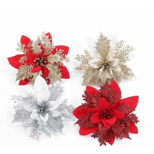 5pcs Artificial Christmas Flowers Glitter Fake Flowers Merry Christmas Tree Decorations Xmas Ornaments New Year Gift
