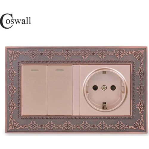 Coswall Zinc Alloy Metal Panel Russia Spain EU Standard Wall Socket + 2 Gang 1 Way On / Off Light Switch Embossing Retro Frame