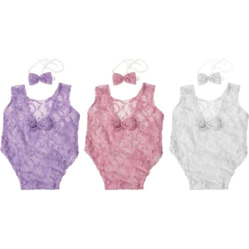 Baby Photography Props Backless Hollow Bowknot Lace Romper Newborn Girls Outfit