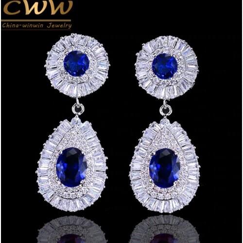 CWWZircons Design All The Way Cubic Zirconia Setting High Quality Long Drop Women Earrings With Blue Stones CZ314