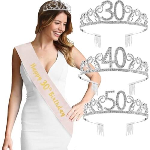Happy 30th 40th 50th 60th Birthday Party Crystal Crown Headband Adult 30 40 50 Anniversary Birthday Party Decorations