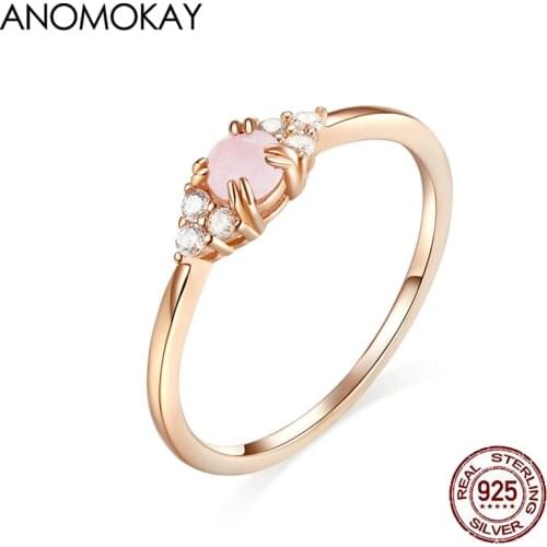 Anomokay Pink Topaz Finger Rose Gold Color Rings for Women Authentic 925 Stelring Prong Setting Ring Luxury Jewelry Gift