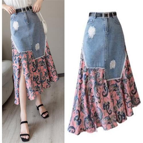 Patchwork Chiffon Women Denim Midi Skirts 2021 Vintage Summer Jeans Saias Casual High Waist Female Boho Chiffon Print Skirts