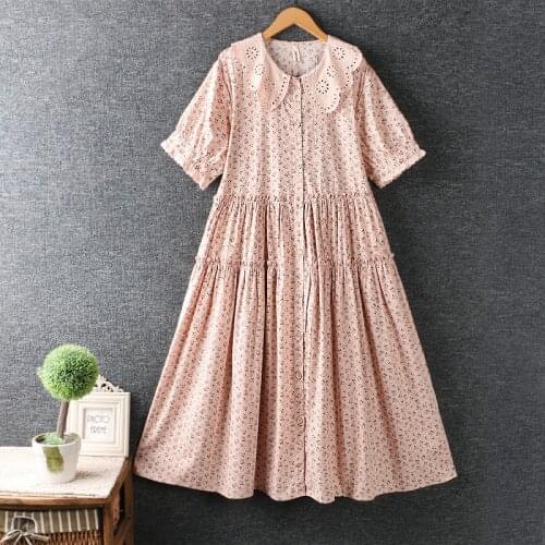 Sweet hollow embroidery Lapel summer short sleebe midi dress floral Single Breasted Dress