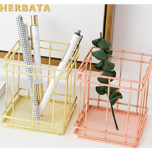 Multifunction square iron pen holder rose gold iron mesh storage basket metal desktop desk sorter Office Accessories CL-2503