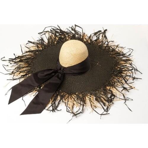 2010 new bow ribbon straw cap double-layer color-matching hand-knitted woolen big brim raffia straw hat beach sun hat