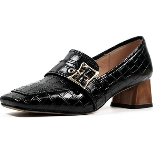 GUIDIBASIC 2021 Autumn Genuine Cowhide Womens Soft Penny Shoes Women Mid-Heel Square Toe Lady Shoes Loafers For Women