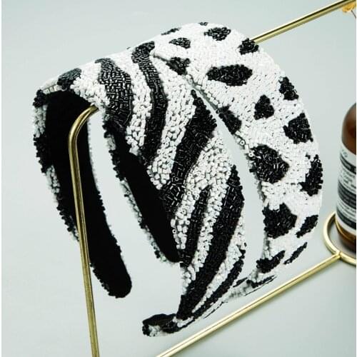 Bohemian Handmade Full Seed Beaded Hairbands Elegant Dot Striped Zebra Leopard Pattern Wide-brimmed Headbands Party Turban Girls