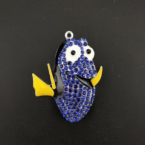 Accept customized Silver Tone Cute Cartoon Blue Rhinestone Enamel Dory Clownfish Filsh Brooch Chunky Charm pendants
