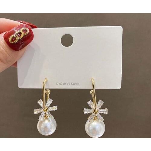 Simple C-shaped Dangle Earrings Shiny Zirconia Flower Earrings Female Personality Pearl Wild Drop Earrings Jewelry Accessories