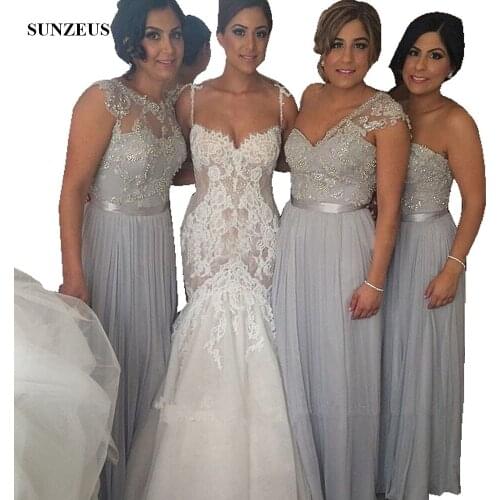 Silver Grey Briesmaid Dresses Sweetheart One Shoulder Long Wedding Party Gowns With Sequins Beaded Lace Bodice BDS026
