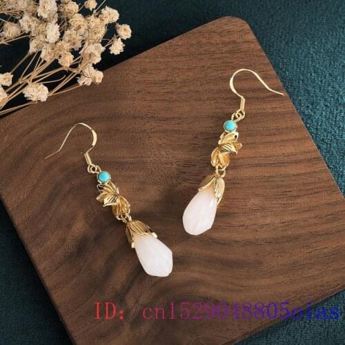 White Jade Flower Earrings Crystal Natural Gemstone Gifts Charm Women Zircon Chalcedony Jewelry Amulet Fashion 925 Silver