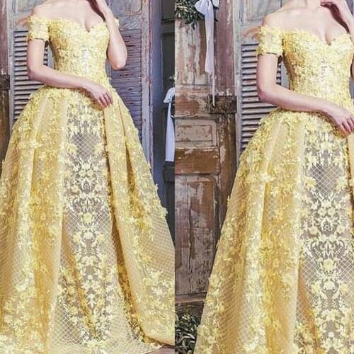 SuperKimJo Yellow Lace Applique Prom Dresses with Removable Skirt 2021 Elegant Dubai Arabic Prom Gown Vestidos Largos De Fiesta