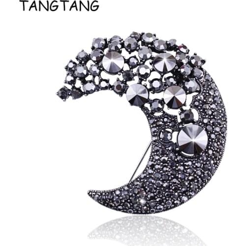 TANGTANG Jewelry Pin Rhinestone Crystal Black Moon Brooch Antique Color Unique Brooches For Scarf Pins For Men And Women BH8381