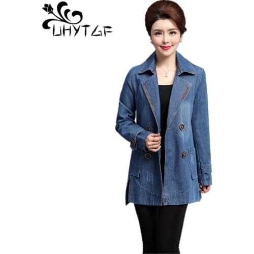 UHYTGF Spring woman jeans Trench Coats 2019 Female Casual 4XL Plus size Trench Coat Women denim Korean Double-breasted Coat X349