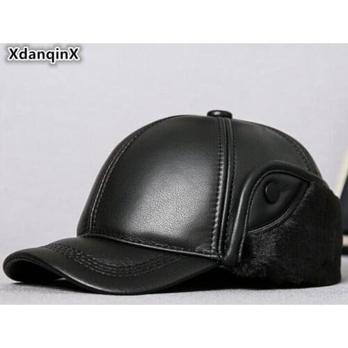 XdanqinX Mens Cowhide Leather Hat Winter Earmuffs Hats Fur Warm Baseball Caps New Men Genuine Leather Cap Middle-aged Dads Hat