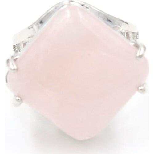 YJXP Trendy Silver Plated Rhombus Shape Stone Adjustable Finger Natural Rose Pink Quartz Ring