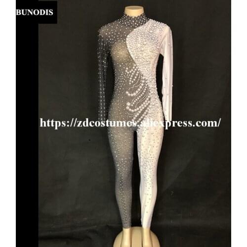 ZD372 Women Sexy Net Yarn Black & White Jumpsuit Sparkling Crystals Bodysuit Nightclub Party Stage Wear Performance Bling