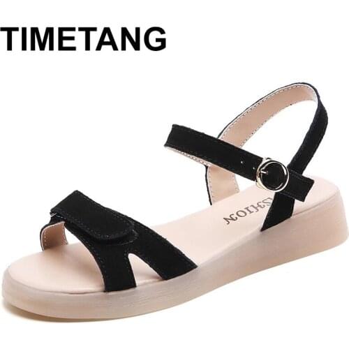 TIMETANGNew Womens Wedges Cow Suede Sandals for Ladies Summer Casual Shoes Woman Rubber Cincise Shoe Leather Hook&Loop Footwear