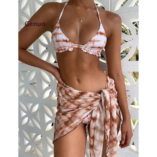 Women Sexy Swimwear Tie-Dye Print Three-Piece Swimsuit Bikini Bandage Cami Swimming Beachwear Summer New Split Bikini Swimsuit