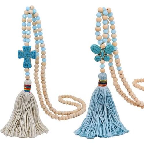 Mixed Wooden Glass Beads Long Chain Turquoise Cross Butterfly Pendant Long Tassel Necklace for Women New Arrival Original Boho
