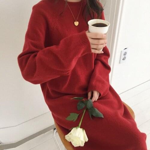 Women Autumn Winter Long Sweater Dress Loose Long Sleeve Straight Oversized Knitted Dresses Round Collar Thick Cozy Vestidos