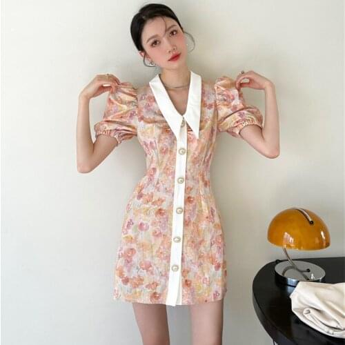 2021 French Vintage Watercolor Print Shirt Dress Summer New Fashion Womens Puff Sleeve Short Sweet Dress