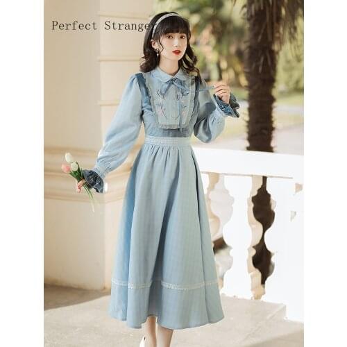 2020 Winter New Arrival Retro High Quality Stand Collar Flower Embroidery Long Sleeve Women Long Dress