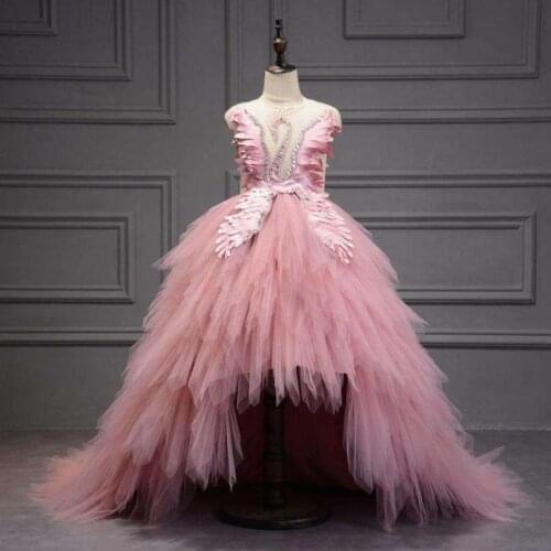 Black Flower Girl Evening Dress Swan Crystal Tulle Princess Pageant Wedding Clothes Kids Birthday Party Dress Vestidos L443