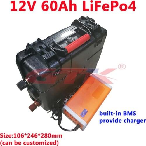 GTK 12v 60Ah Lifepo4 high-capacity lithium battery pack with ABS case for solar energy storage RV Caravan UPS boat +5A charger