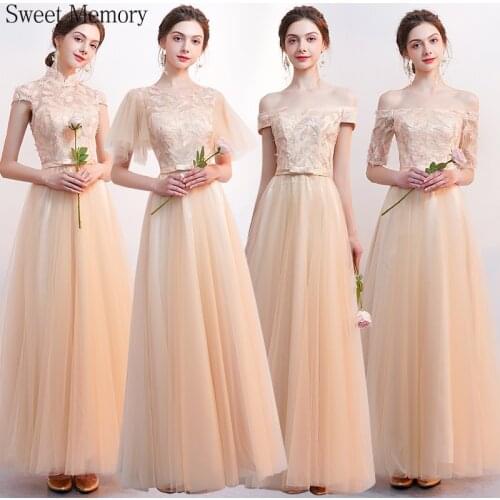 J7110 Champagne Bridesmaid Dresses Woman Long Tulle Lace Up Prom Graduation Dress Bride Guest Floor Length Wedding Party Robe