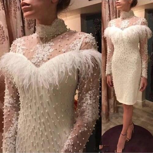 Short prom dresses 2020 long sleeve pearls beading feather knee length evening dresses gowns