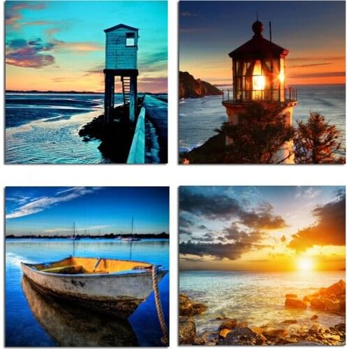 Boat Wall Art Seaside Painting Ocean Seascape Sunrise Sunset 4 Panels Print on Canvas for Home Decor