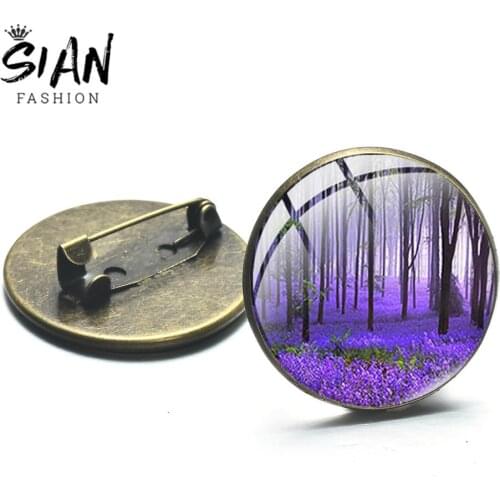 SIAN Lavender Field Scenery Charm Metal Brooch for Women Clothes Dress Decorated Badge Handmade Glass Dome Lavender Flower Pins