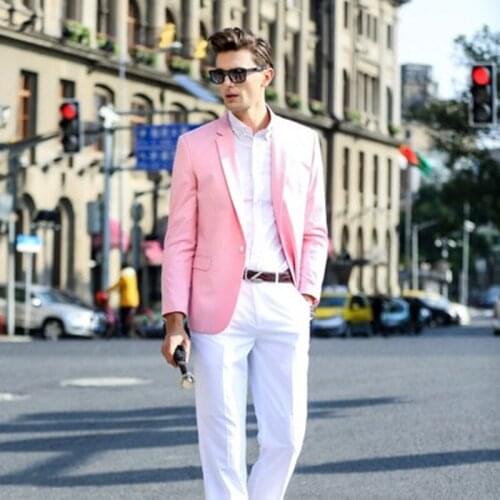 Pink Jacket With White Pants Mens Slim Fit Street Fashion Suits Men Custom Made One Button Formal Wedding Suits Terno Masculino