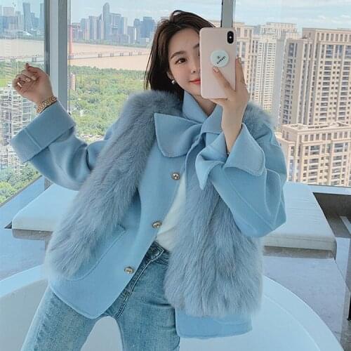 Solid Luxury Double-sided Woolen Cashmere Blends Outerwear Fox Fur Woven Vest Fur Elegant Womens Temperament 2 Piece Set Coat