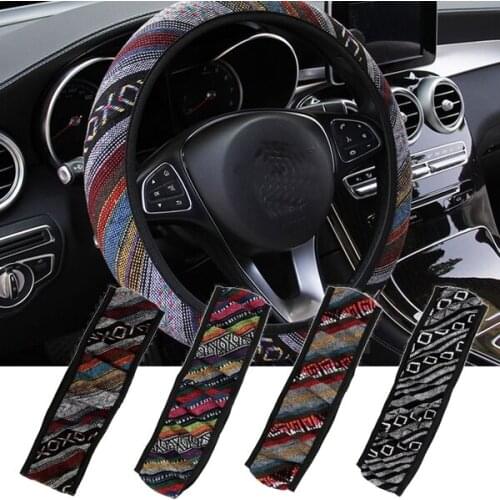 OLOMM Linen Universal Elastic Car Steering Wheel Cover Ethnic Style Car Accessories