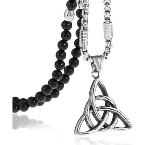 Stainless Steel Irish Triquetra Knot Trinity Pendant Necklace with Black Natural Stone Beaded Necklace 27inches
