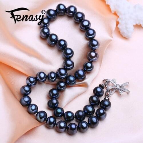 FENASY 10-11mm Natural Freshwater Pearl Necklaces For Women Big Near Round Black Long Pearl Necklace Wedding Pearl Jewelry